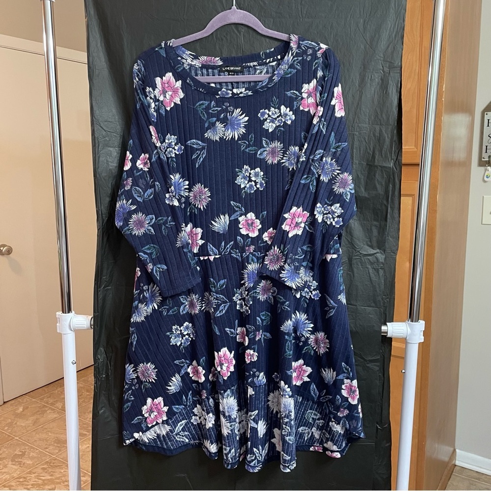 Lane Bryant 18/20 Navy Striped Floral Knit Top Summer Babydoll Hi Low Hem